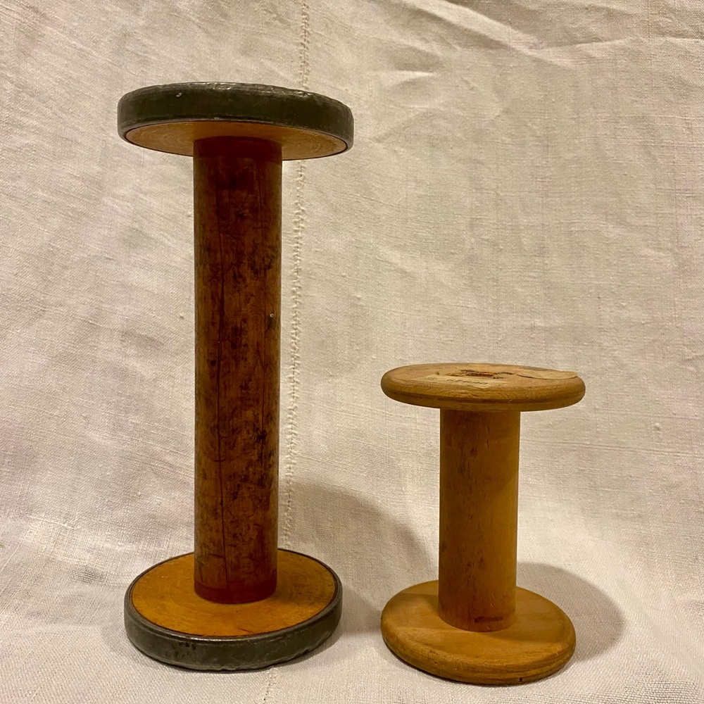 Set of two Vintage wooden industrial spools / bobbin decorative / antique